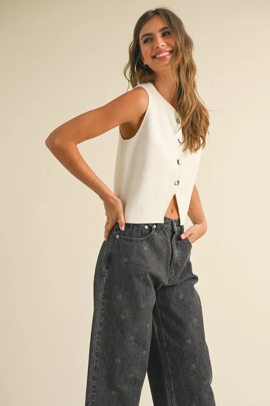 Alexis Sleeveless Button Down Knit Vest White