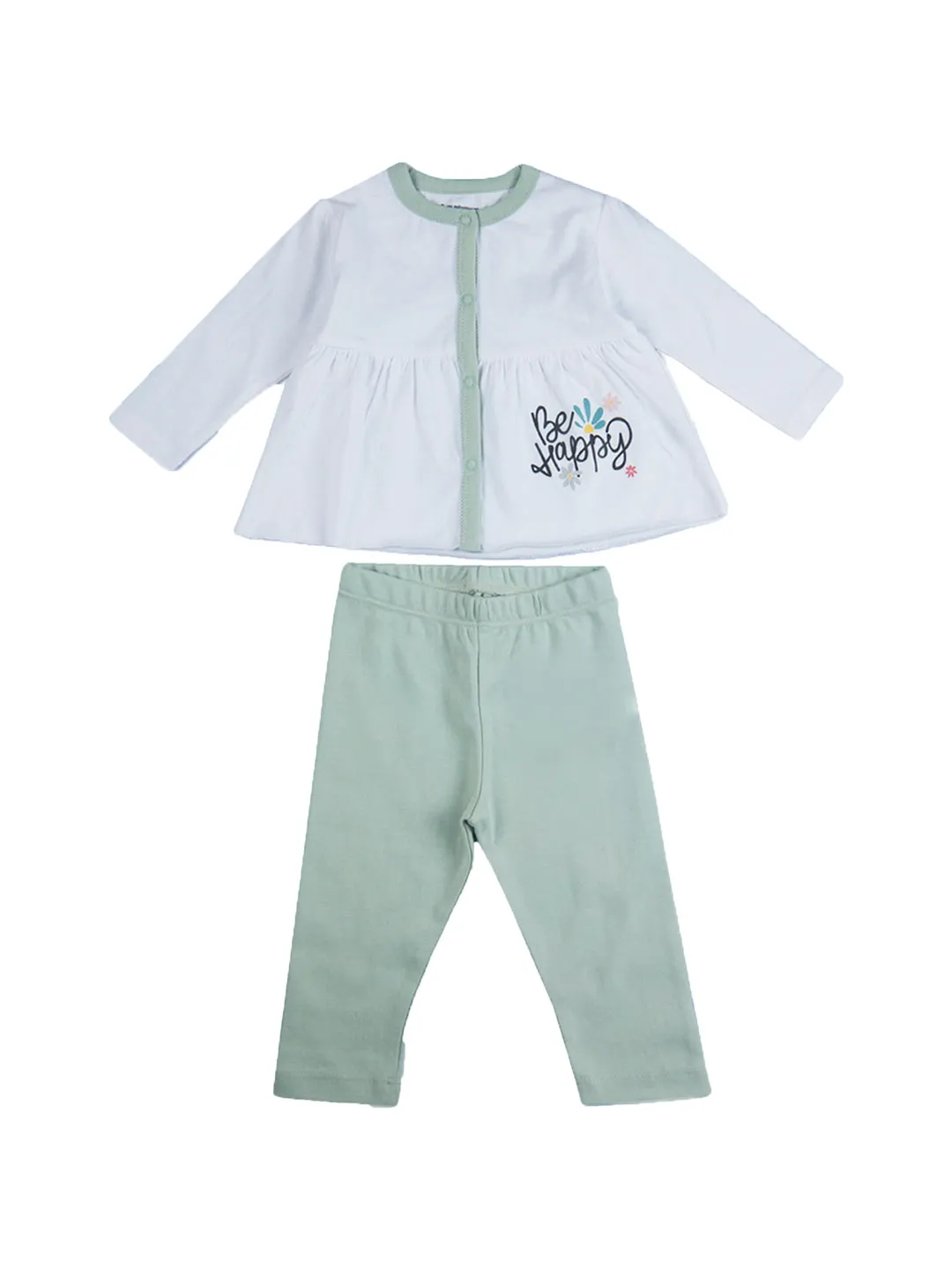 Baby Top & Bottom Set - Be Happy Print - Sage Green