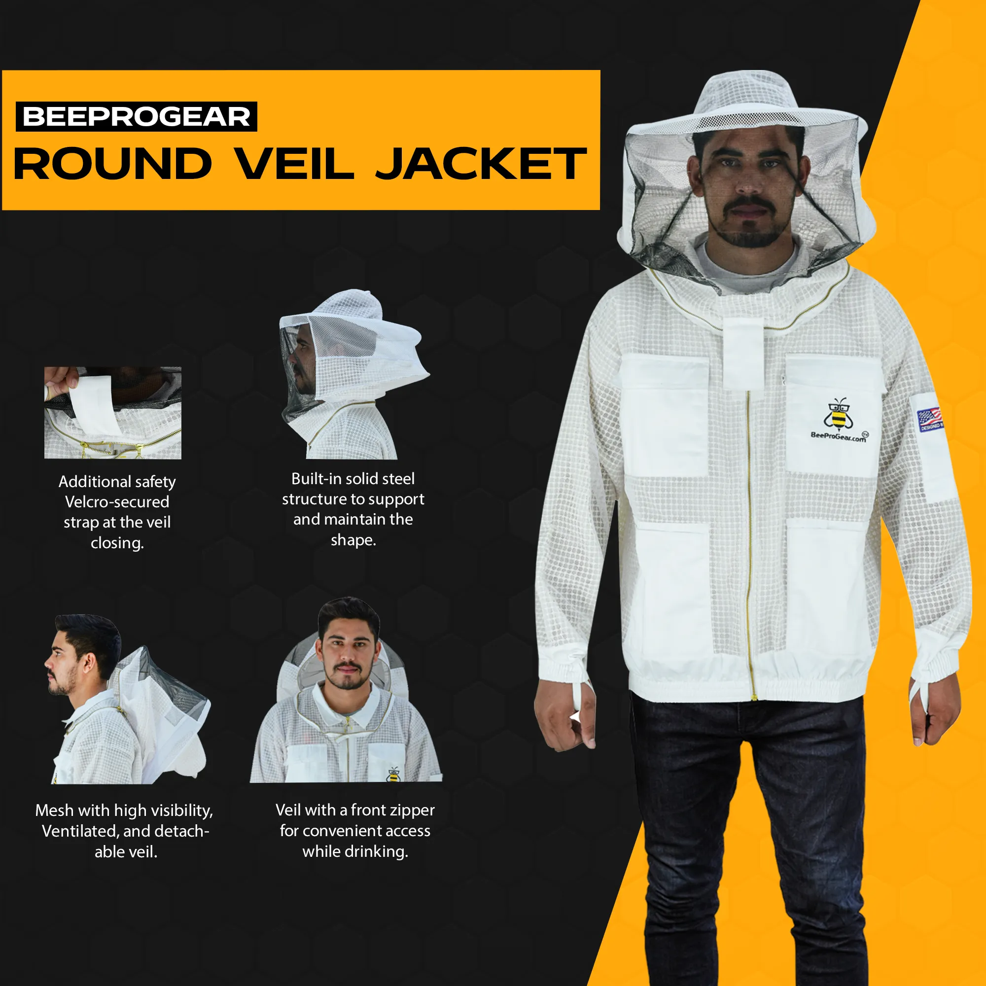 BeeProGear 3-Layer Ultra Ventilated Beekeeping Jacket with Round Veil | Sting-Proof Mesh for Unisex Beekeepers | White