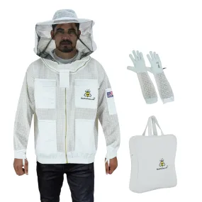 BeeProGear 3-Layer Ultra Ventilated Beekeeping Jacket with Round Veil | Sting-Proof Mesh for Unisex Beekeepers | White