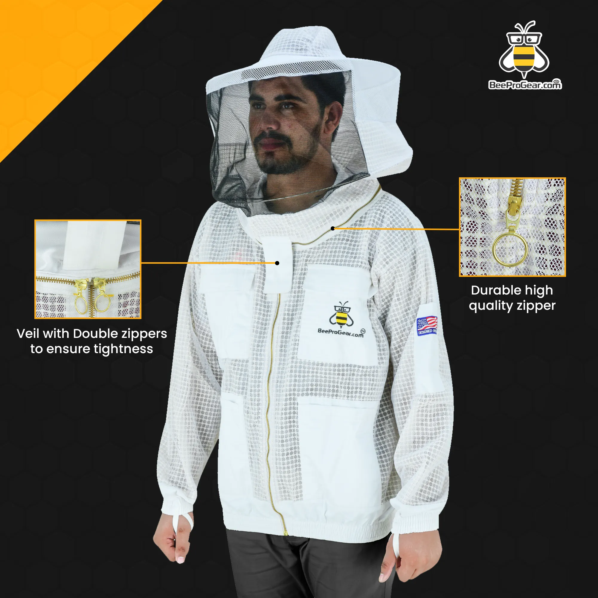 BeeProGear 3-Layer Ultra Ventilated Beekeeping Jacket with Round Veil | Sting-Proof Mesh for Unisex Beekeepers | White