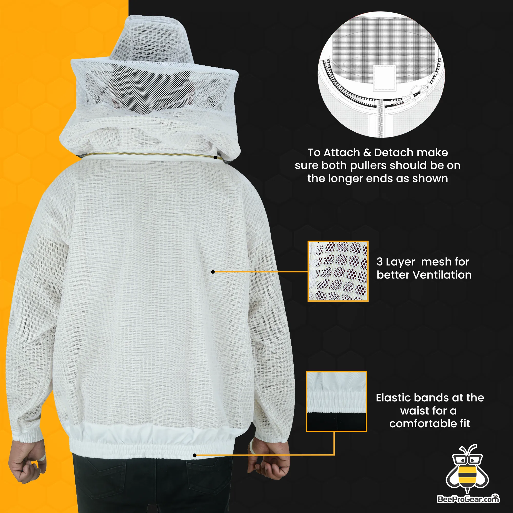 BeeProGear 3-Layer Ultra Ventilated Beekeeping Jacket with Round Veil | Sting-Proof Mesh for Unisex Beekeepers | White