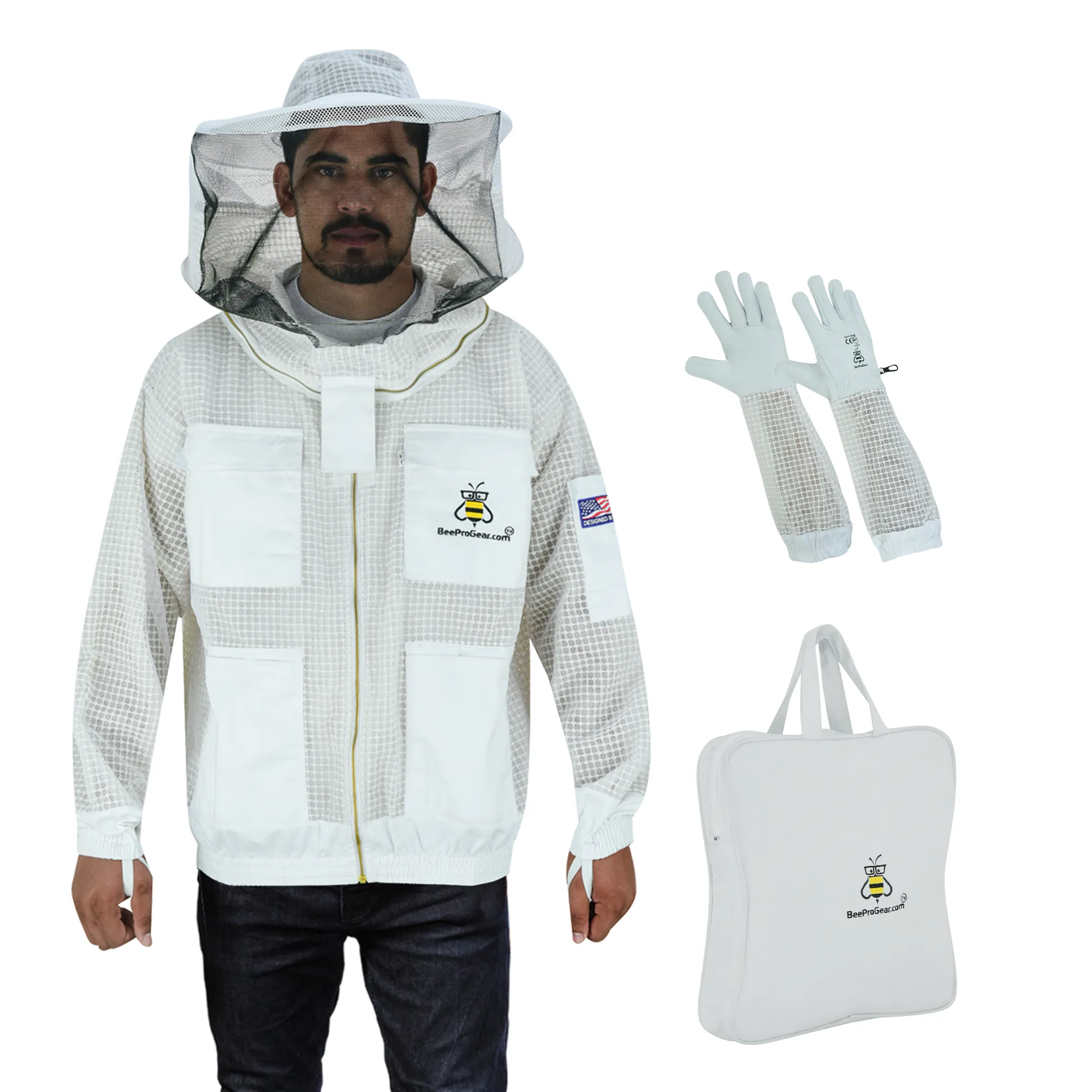 BeeProGear 3-Layer Ultra Ventilated Beekeeping Jacket with Round Veil | Sting-Proof Mesh for Unisex Beekeepers | White