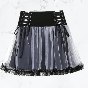 Black Lace Up Mesh Gothic Tutu Skater Skirt