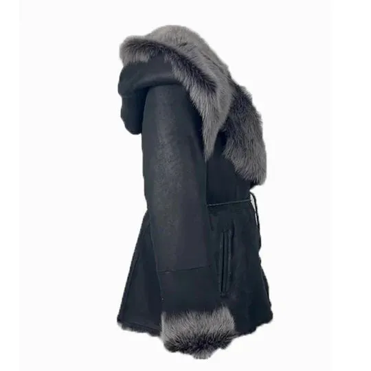Black Leather Coat with Oversized Fur Collar and Trim
