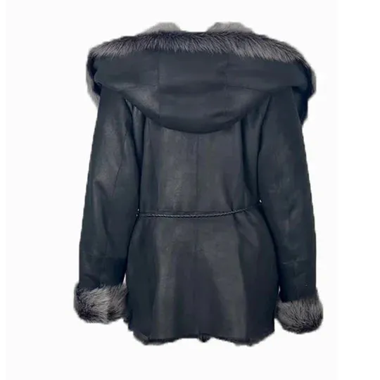 Black Leather Coat with Oversized Fur Collar and Trim