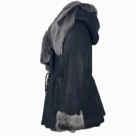 Black Leather Coat with Oversized Fur Collar and Trim