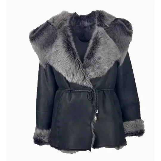 Black Leather Coat with Oversized Fur Collar and Trim