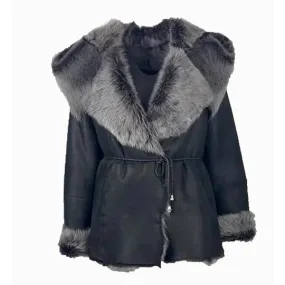 Black Leather Coat with Oversized Fur Collar and Trim