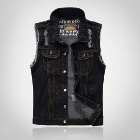Black Ripped Motorcycle Denim Vest