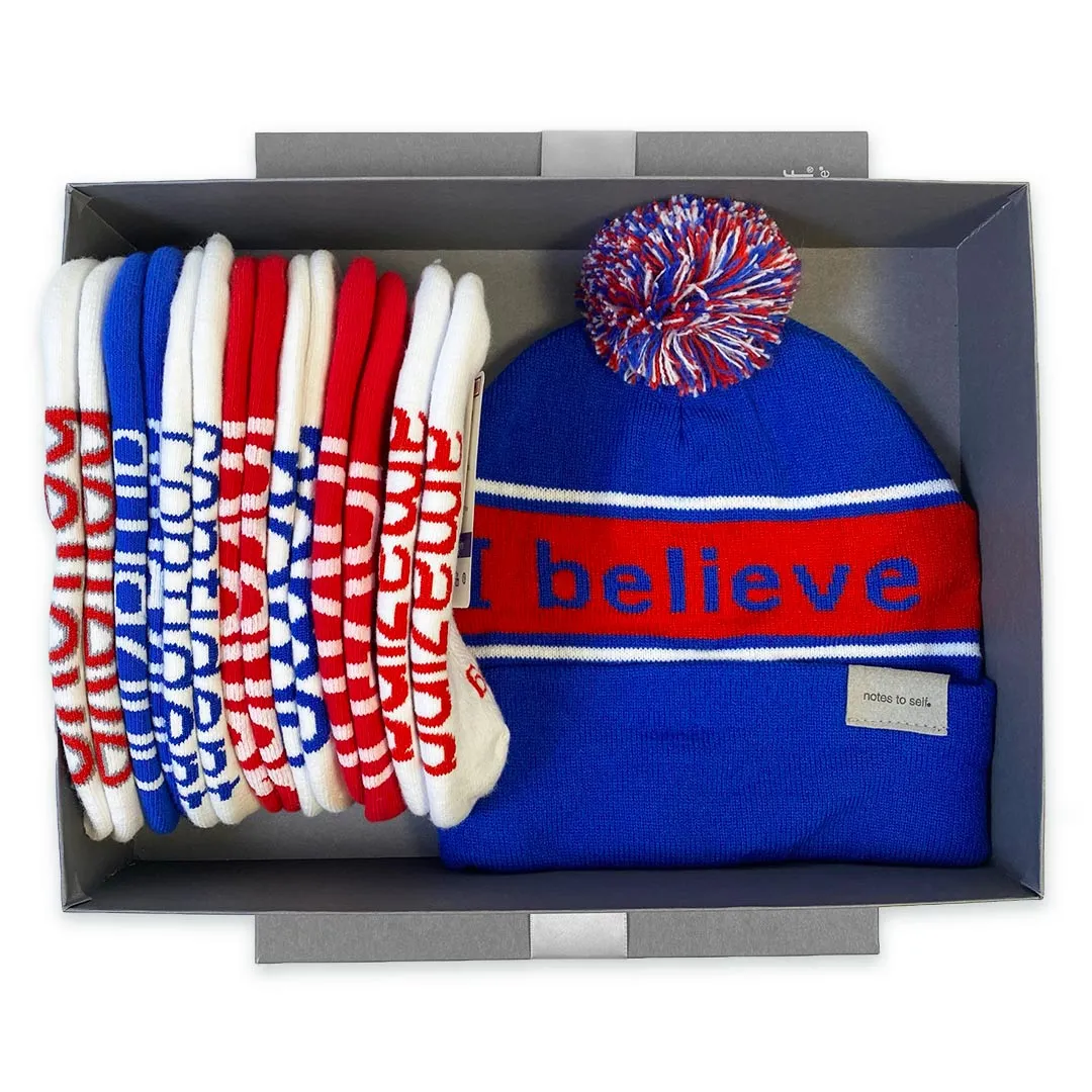 blue & red knit beanie   7 pairs of socks gift in a keepsake box