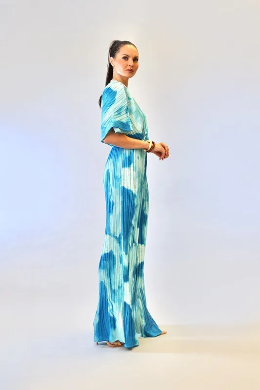 Blue Combo V-Neck Drop Shoulder W/ O-Ring Attached Pleated Jumpsuit