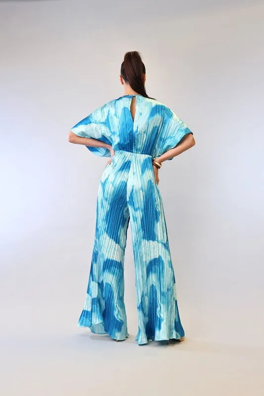 Blue Combo V-Neck Drop Shoulder W/ O-Ring Attached Pleated Jumpsuit