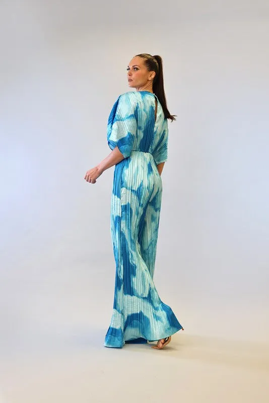Blue Combo V-Neck Drop Shoulder W/ O-Ring Attached Pleated Jumpsuit