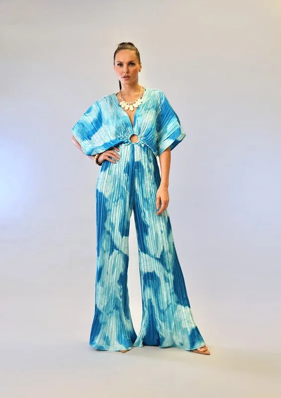Blue Combo V-Neck Drop Shoulder W/ O-Ring Attached Pleated Jumpsuit