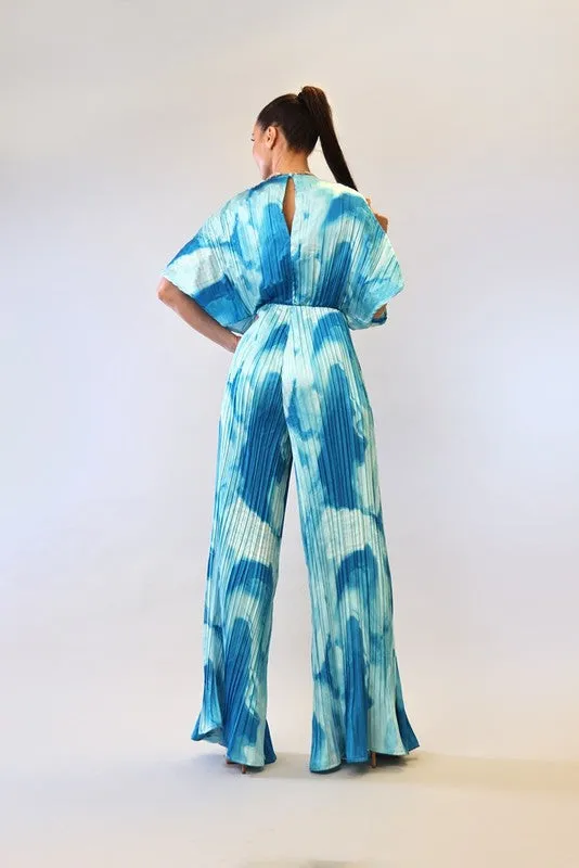 Blue Combo V-Neck Drop Shoulder W/ O-Ring Attached Pleated Jumpsuit