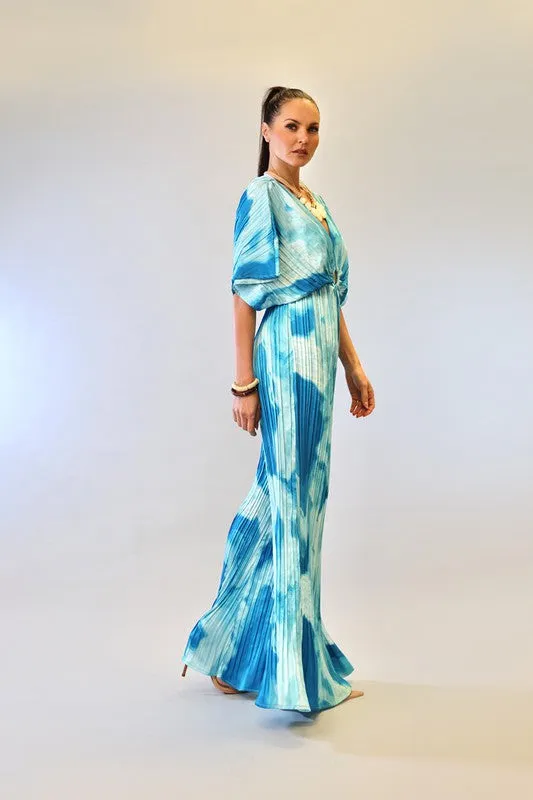 Blue Combo V-Neck Drop Shoulder W/ O-Ring Attached Pleated Jumpsuit