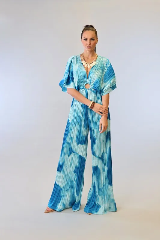 Blue Combo V-Neck Drop Shoulder W/ O-Ring Attached Pleated Jumpsuit