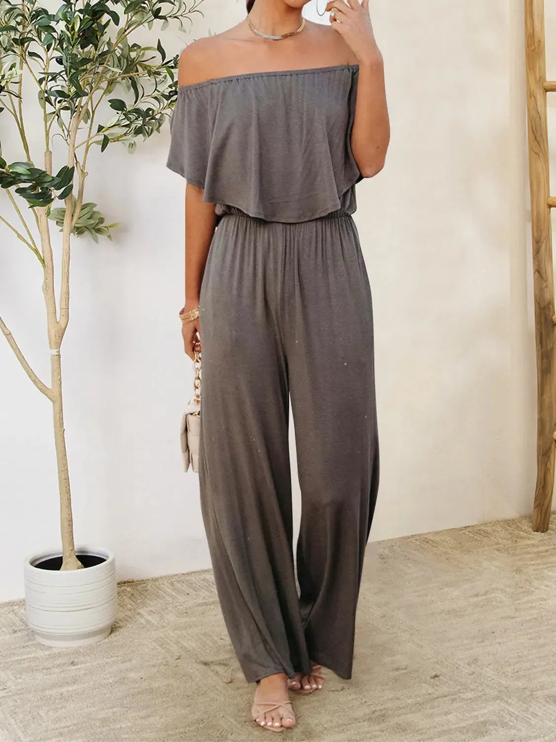 Blue Jumpsuit – Ruffled Off-Shoulder Style Jumpsuit