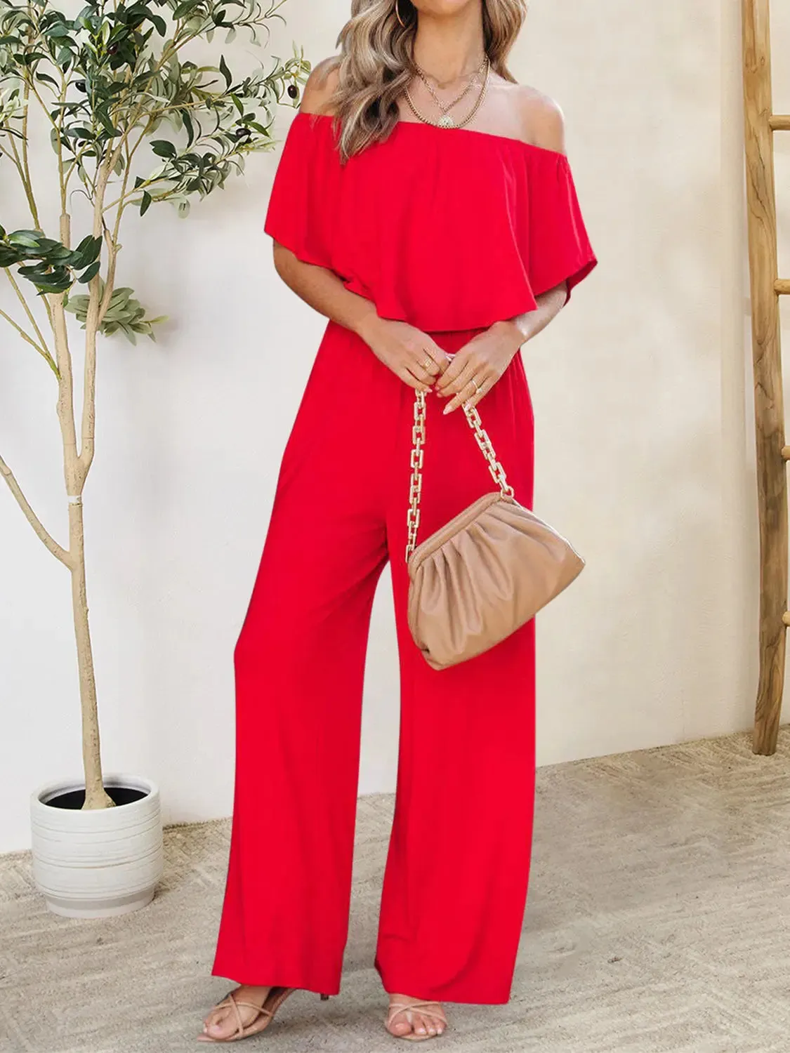 Blue Jumpsuit – Ruffled Off-Shoulder Style Jumpsuit