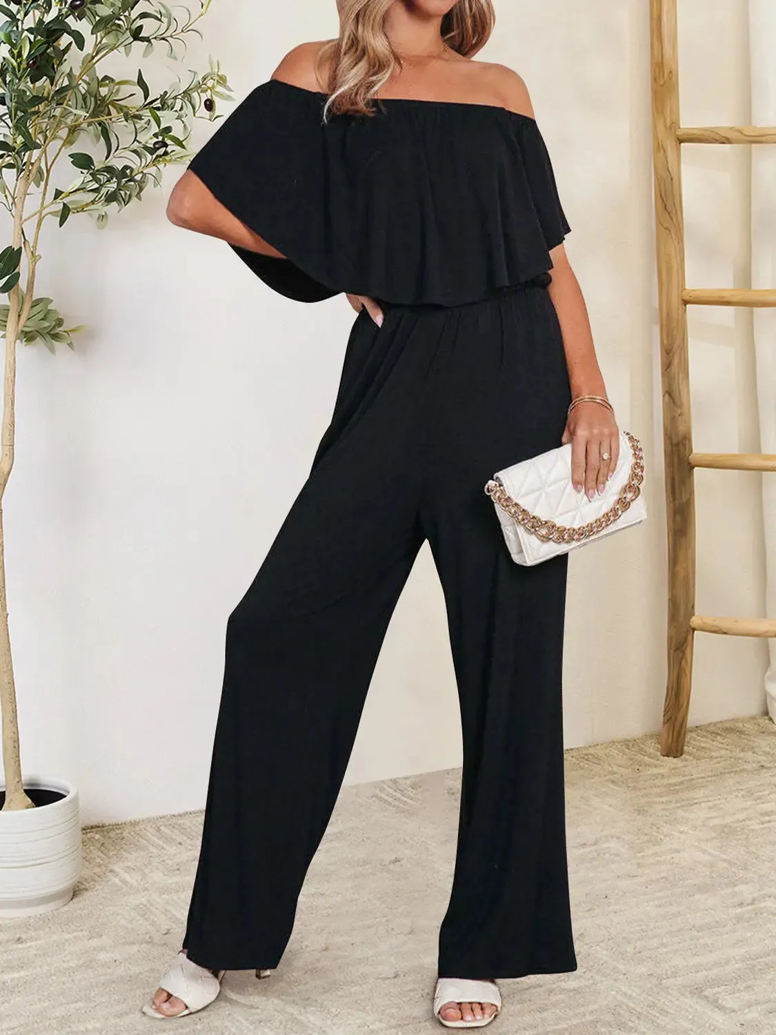 Blue Jumpsuit – Ruffled Off-Shoulder Style Jumpsuit