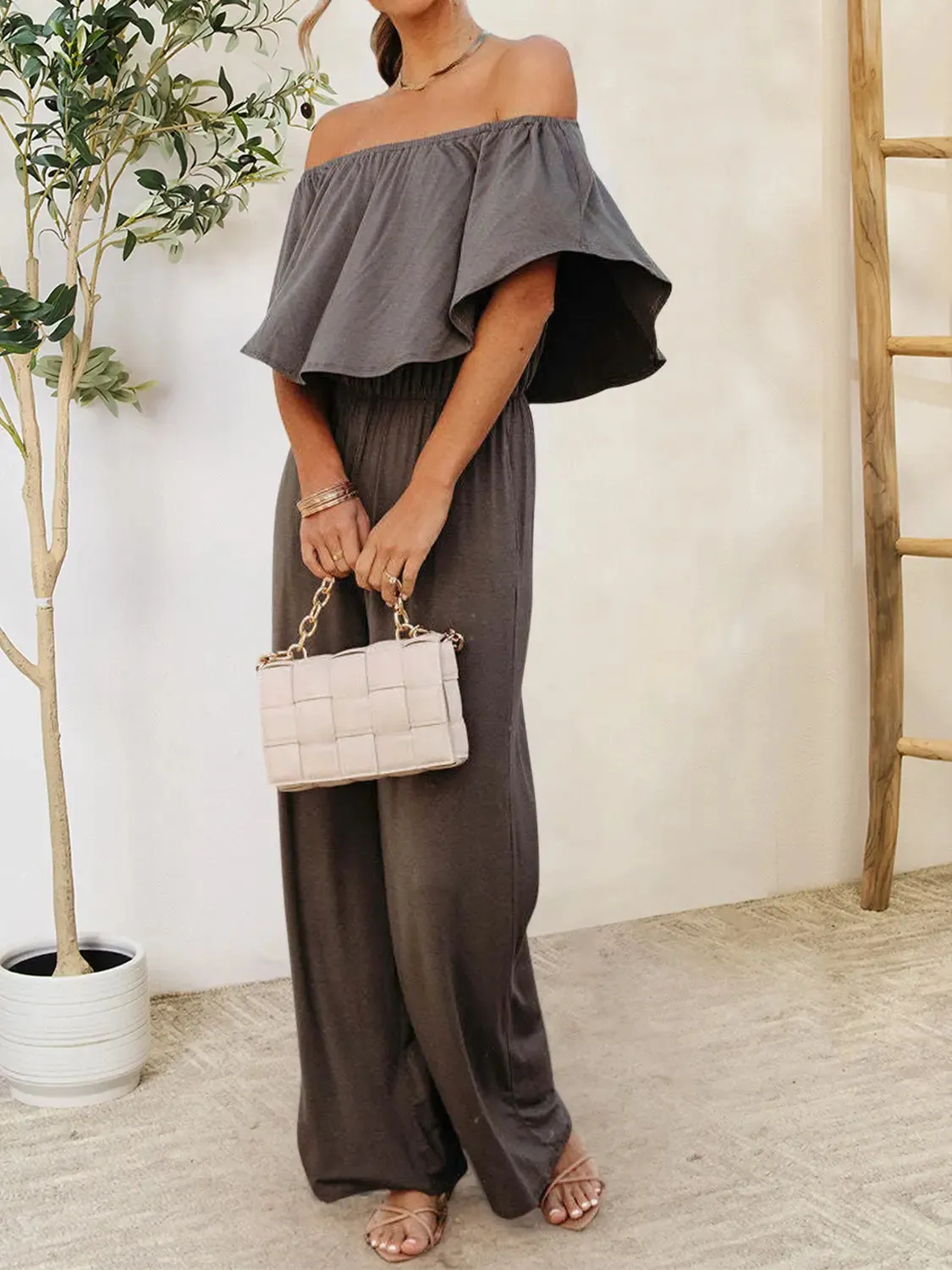 Blue Jumpsuit – Ruffled Off-Shoulder Style Jumpsuit