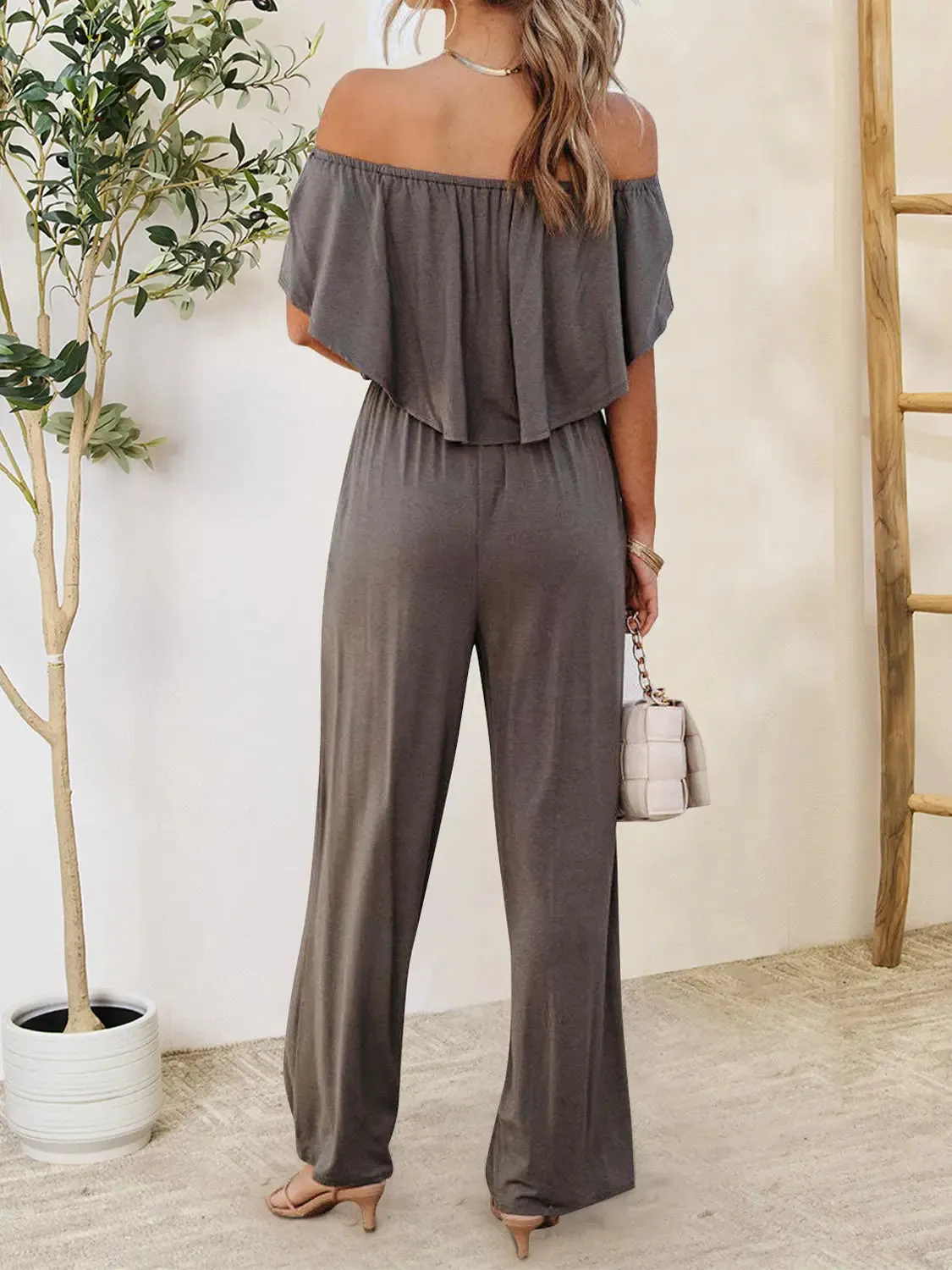 Blue Jumpsuit – Ruffled Off-Shoulder Style Jumpsuit