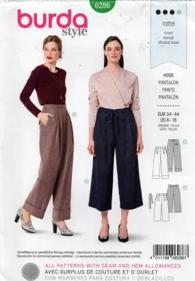 Burda Style 6286 Womens High Waisted Wide Leg Pleated Pants Out Of Print Sewing Pattern Sizes 8 - 18 UNCUT Factory Folded