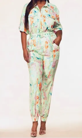Curvy Mint Floral Jumpsuit