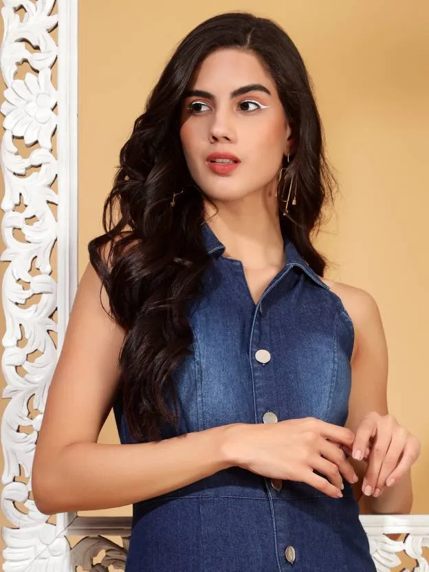 Dark Blue Solid Denim Regular Jumpsuit