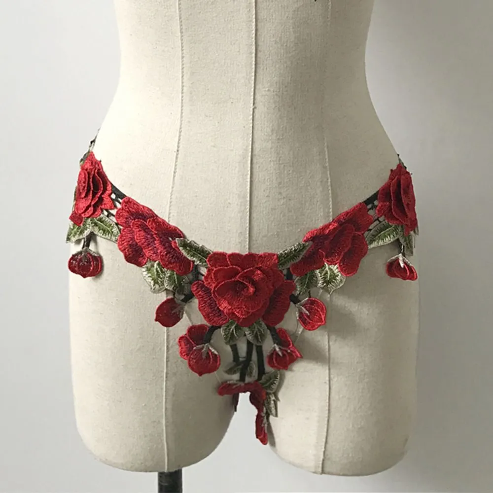 Dripping Red Roses Floral Lace Panties Underwear Thong Lingerie Cage Briefs