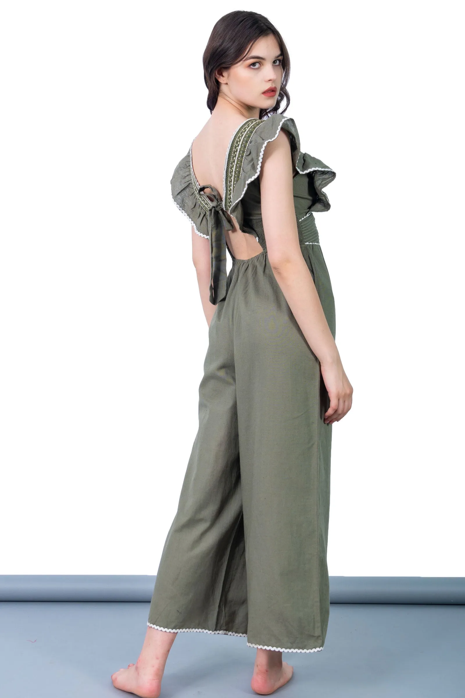 Ella Olive Green Embroidered Jumpsuit
