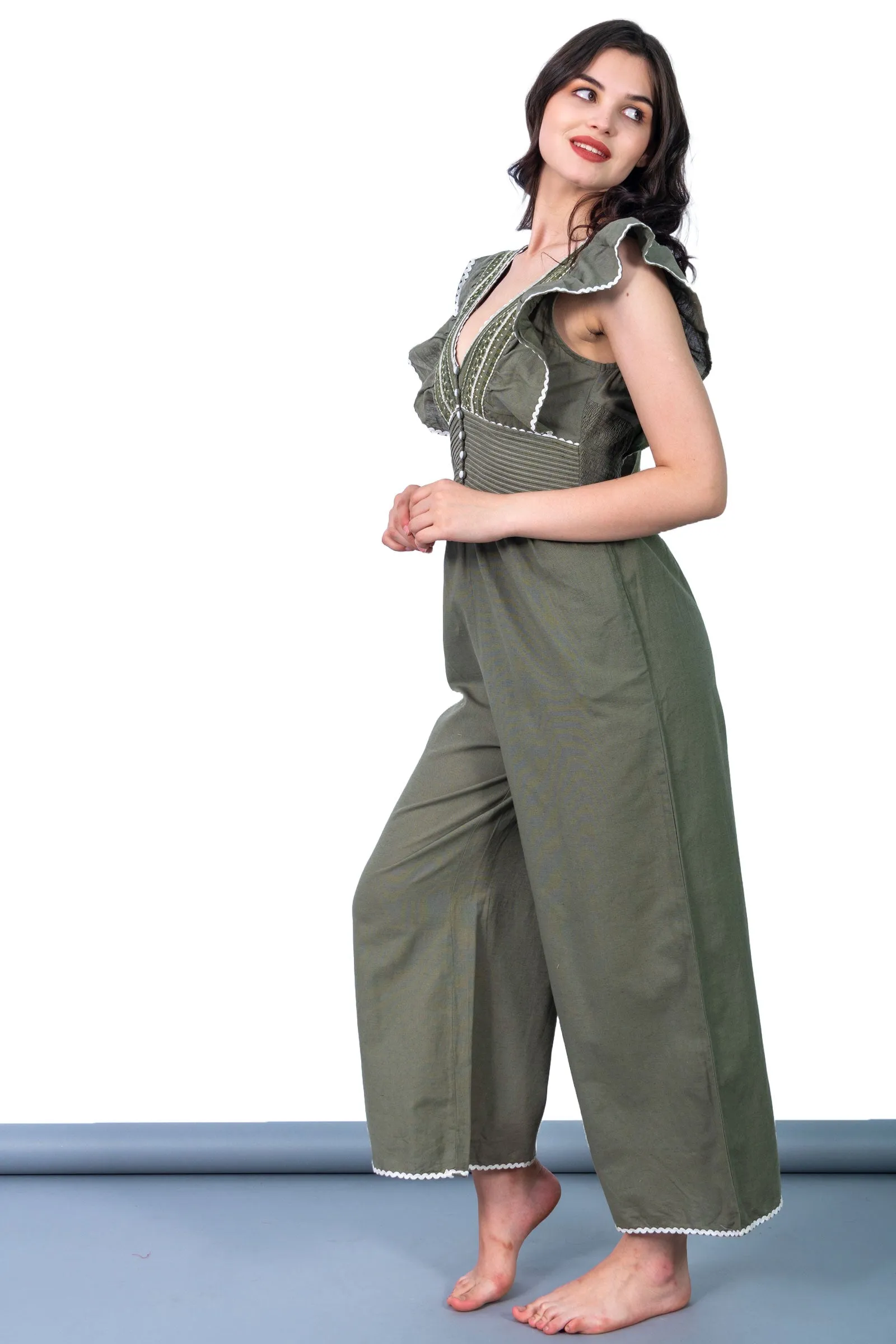 Ella Olive Green Embroidered Jumpsuit