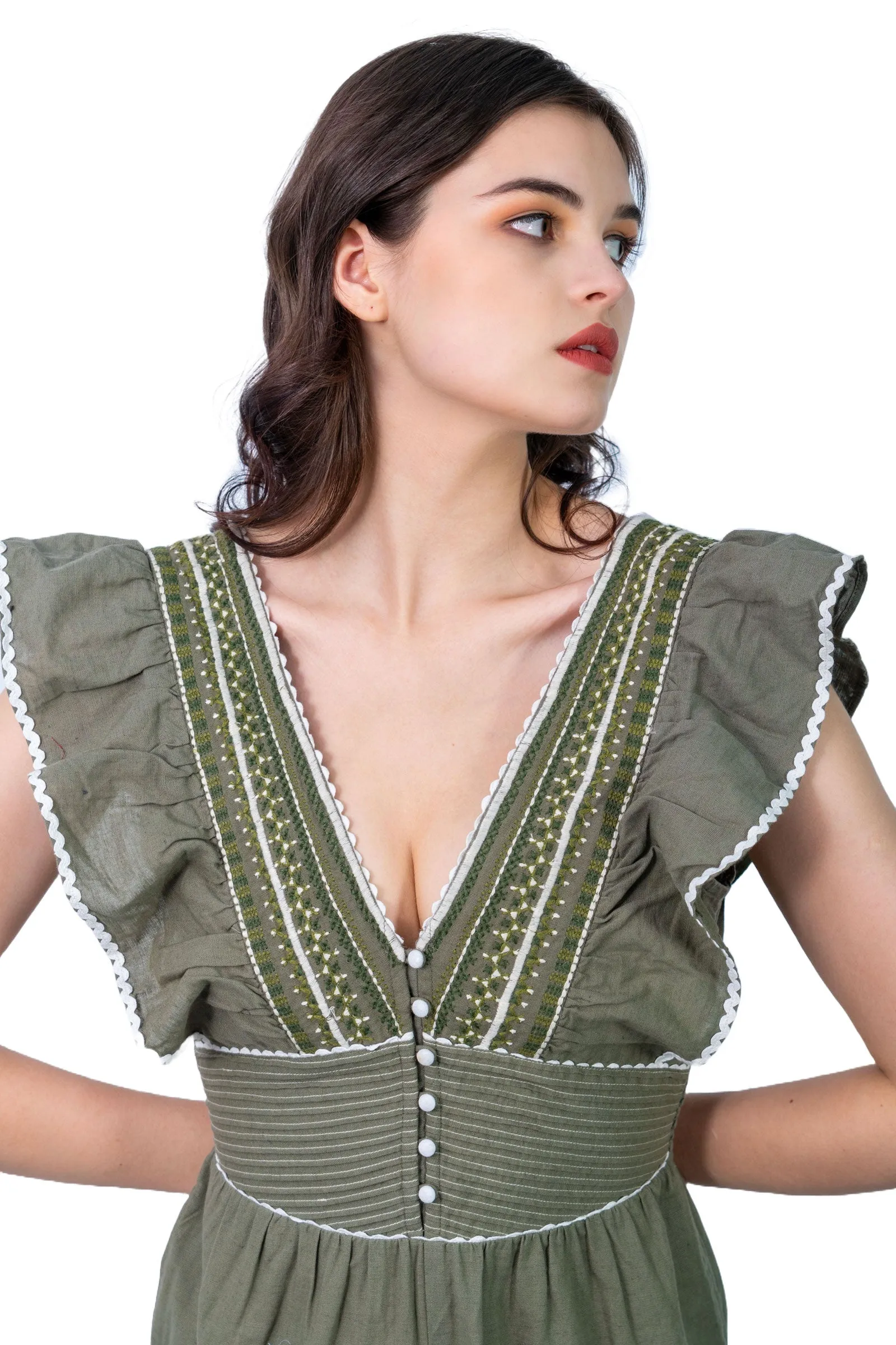 Ella Olive Green Embroidered Jumpsuit