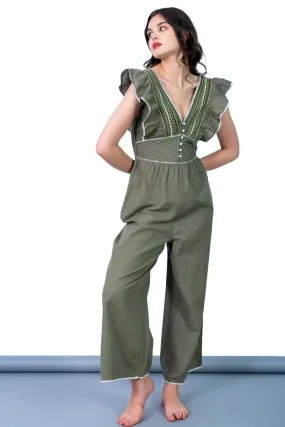Ella Olive Green Embroidered Jumpsuit