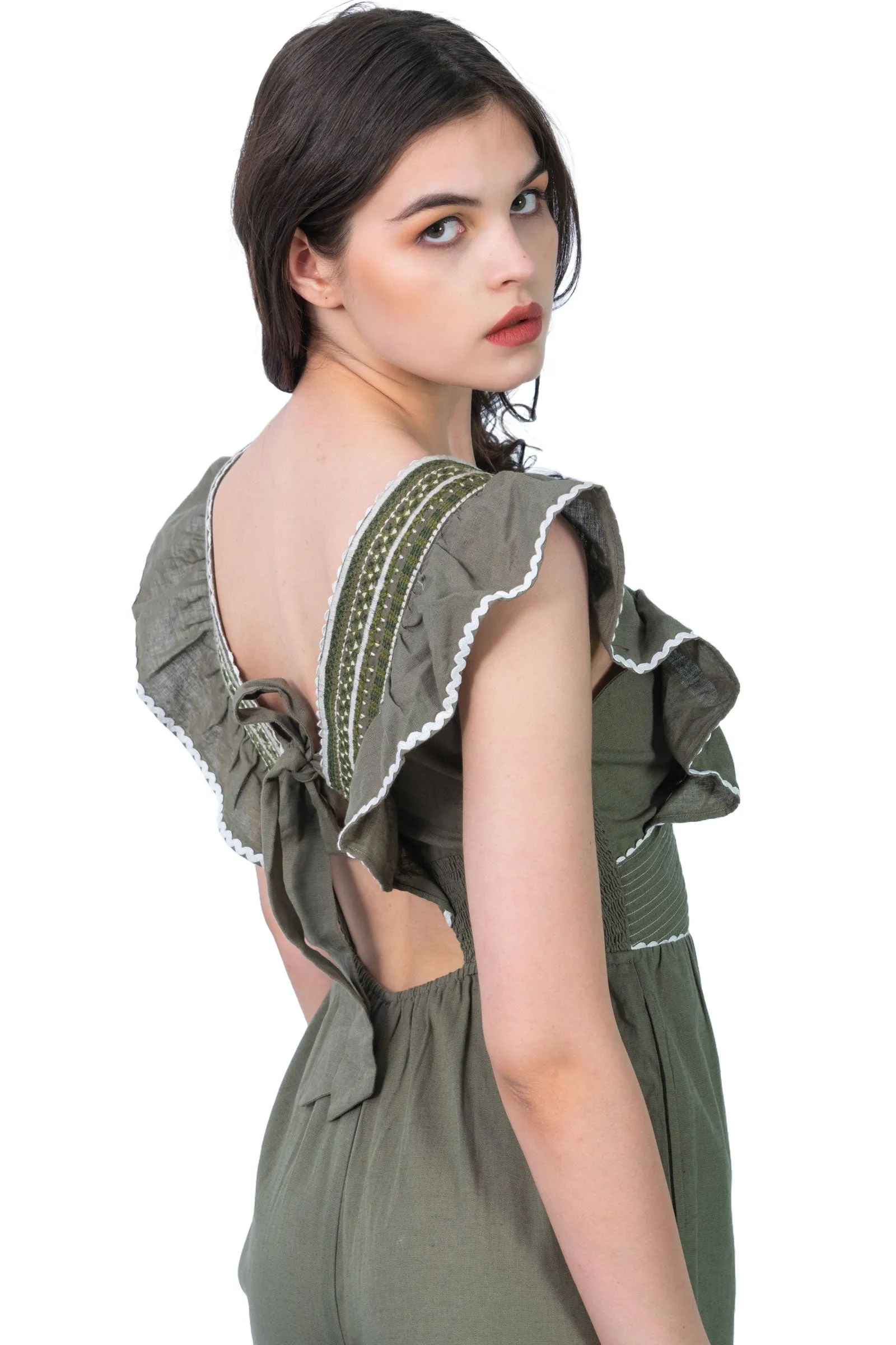 Ella Olive Green Embroidered Jumpsuit