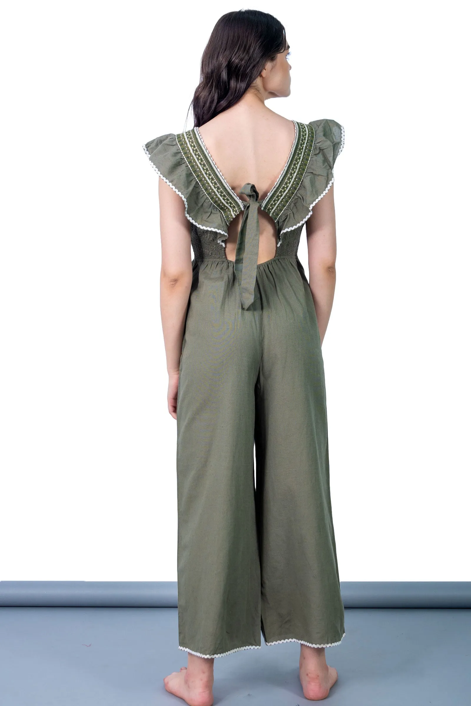 Ella Olive Green Embroidered Jumpsuit
