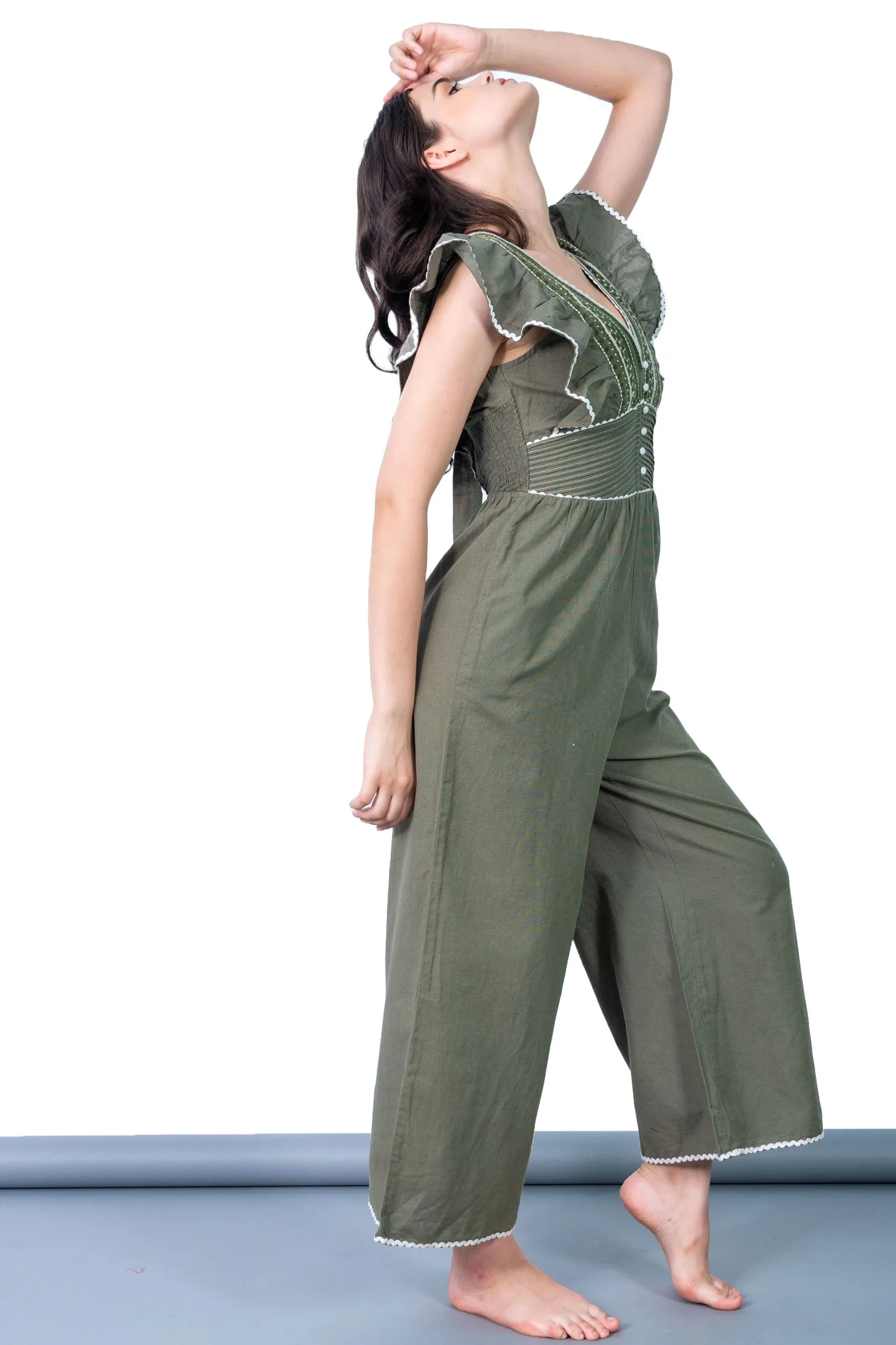 Ella Olive Green Embroidered Jumpsuit
