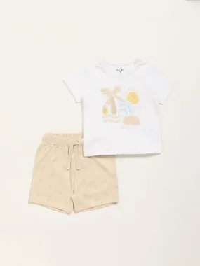 HOP Baby White Printed T-Shirt with Shorts