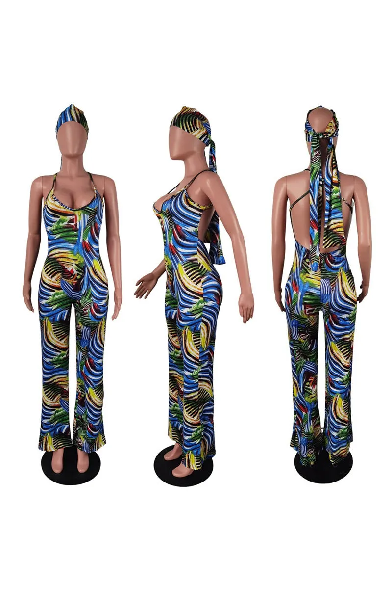 JD882 Plunging Graphic Print Backless Cami Jumpsuit with Headscarf