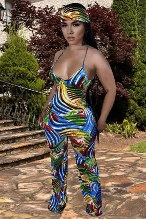 JD882 Plunging Graphic Print Backless Cami Jumpsuit with Headscarf