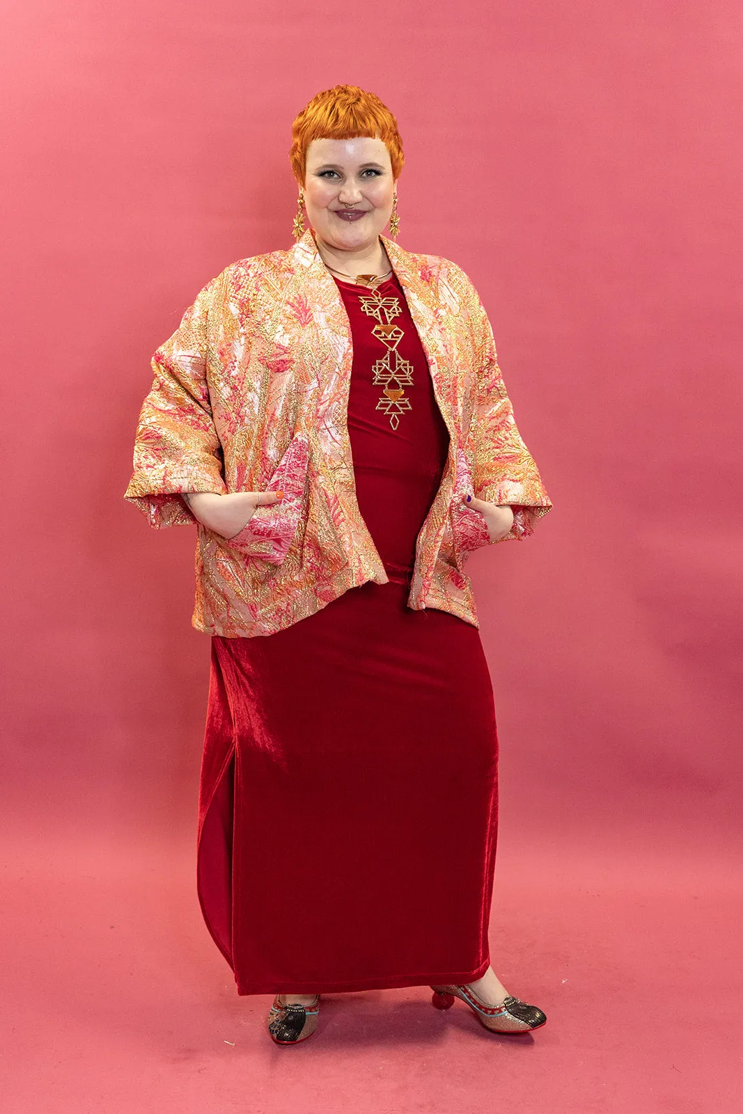 Kimono Jacket in Gold & Coral