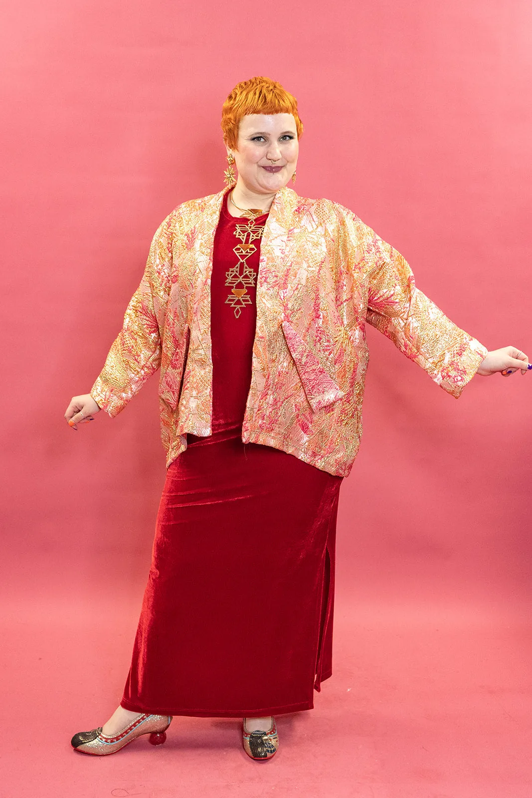 Kimono Jacket in Gold & Coral