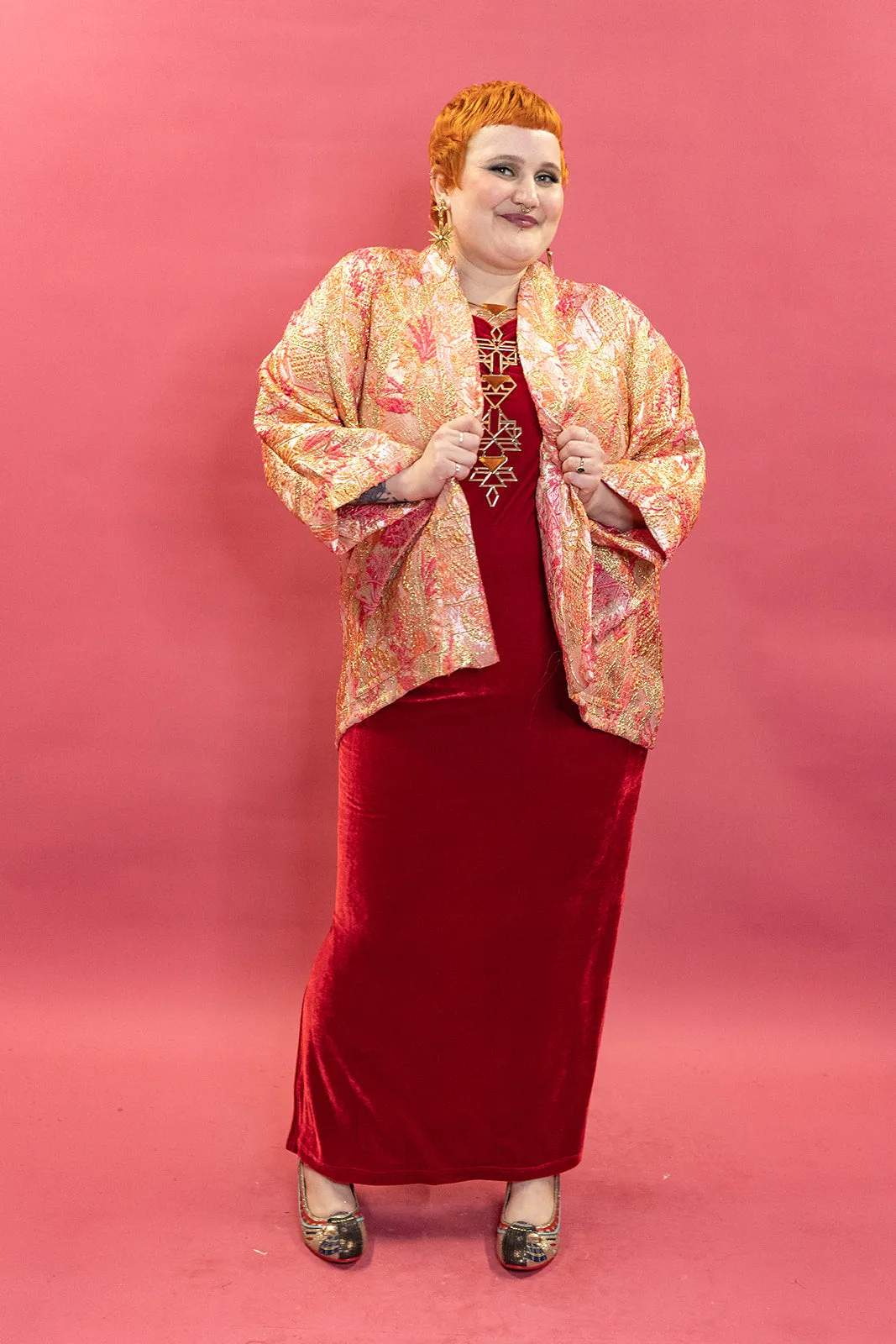 Kimono Jacket in Gold & Coral