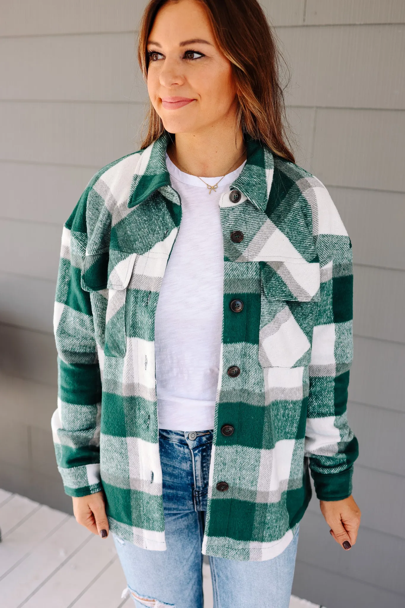 Kristin Plaid Shacket - Forest Green