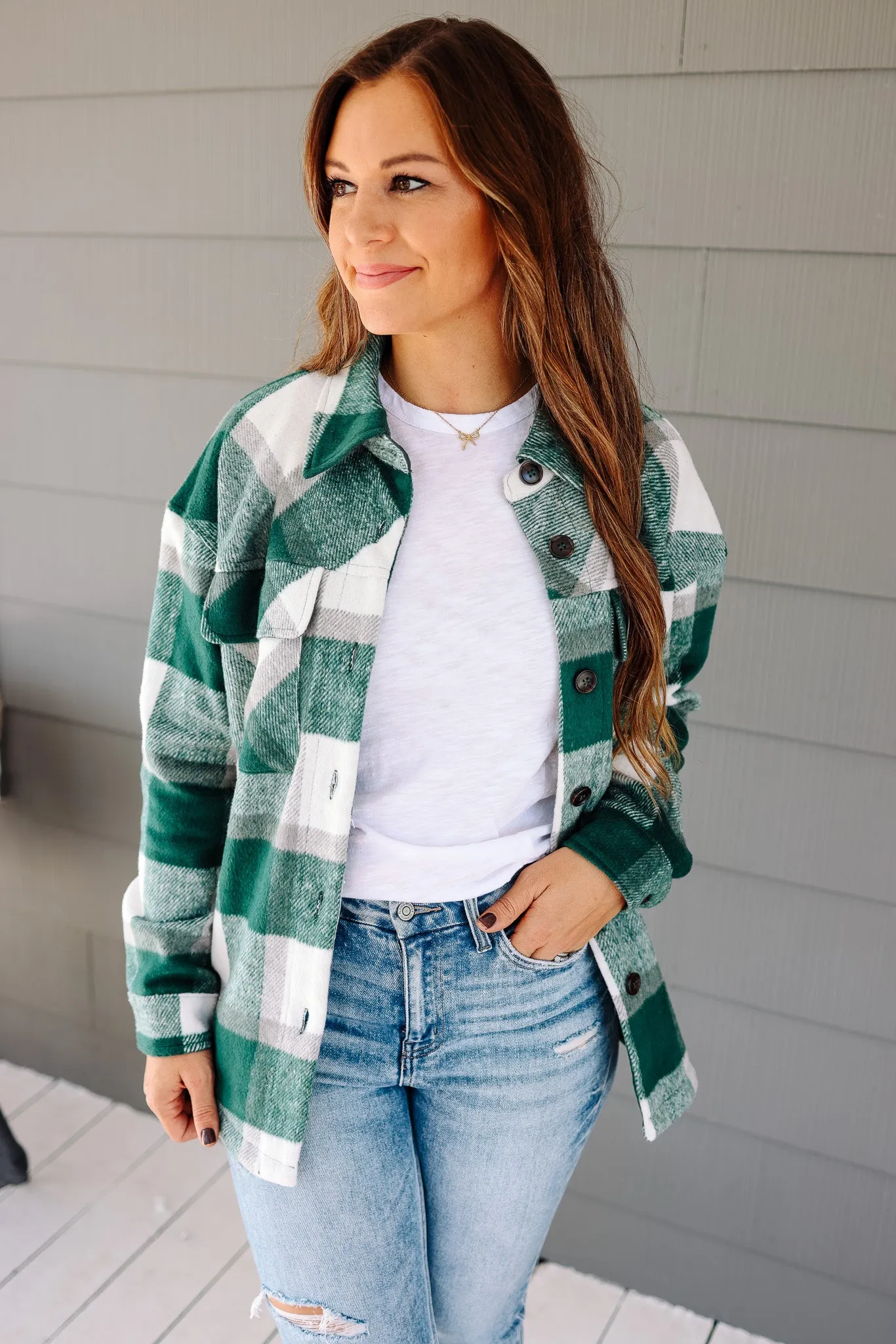 Kristin Plaid Shacket - Forest Green