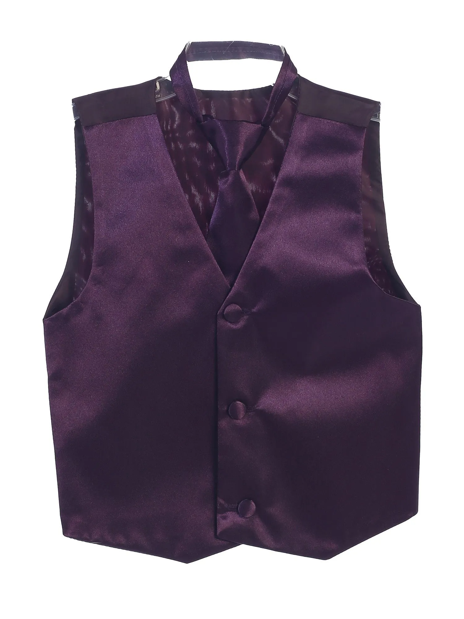 Little Boys Eggplant Three Button Satin Vest Tie 2 Pc Set 2-6