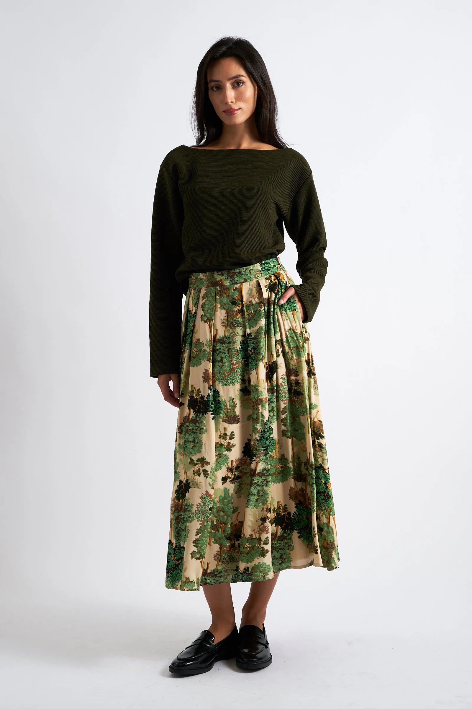 Lizea Forest Scape Print Midi Skirt - Green