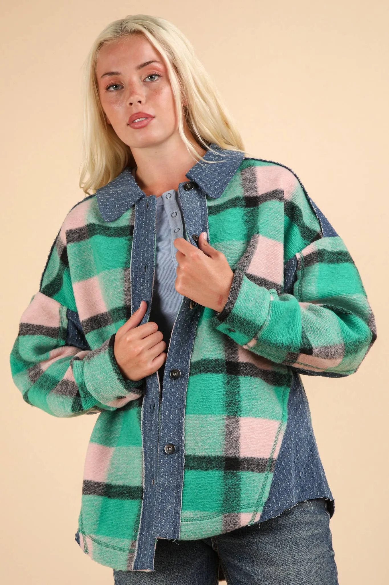 LONG SLEEVE PLAID FLANNEL WITH DENIM CONTRAST