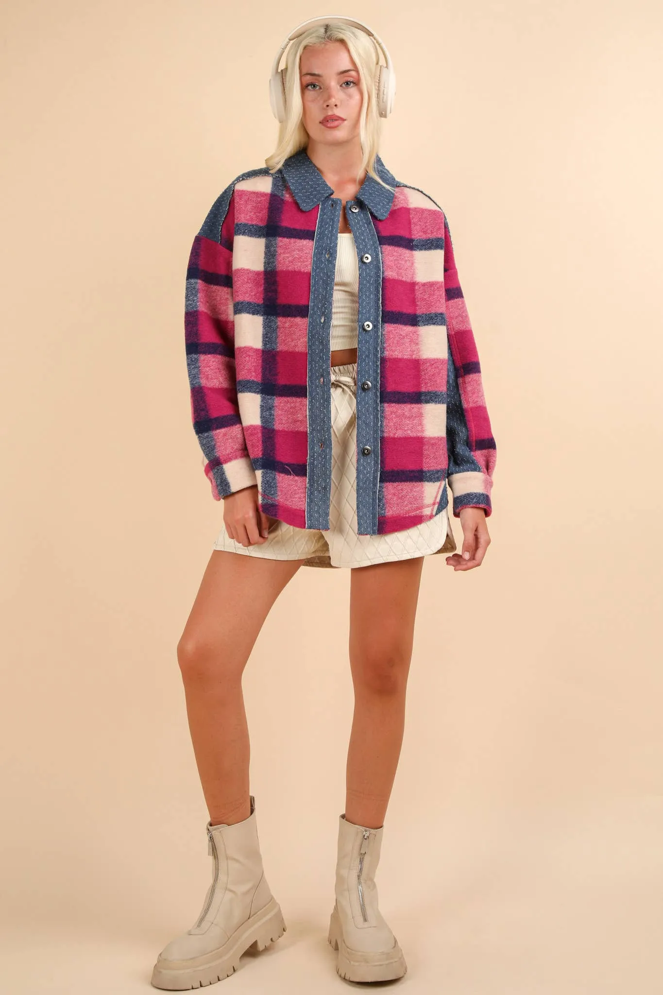 LONG SLEEVE PLAID FLANNEL WITH DENIM CONTRAST